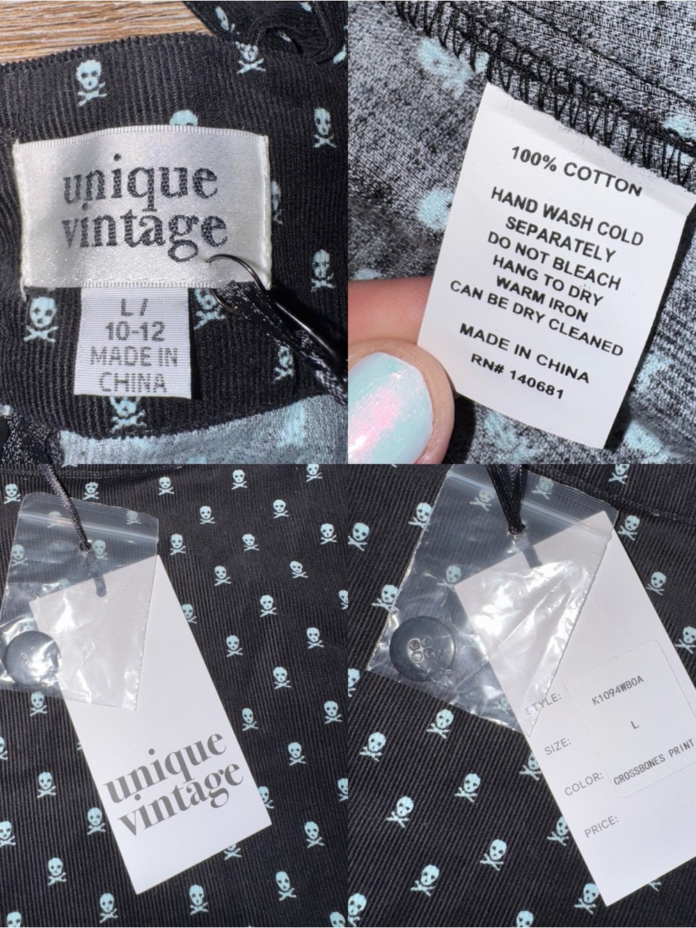 NWT🖤Unique Vintage 60s Black Crossbones Print Suspender Ruth Flare Skirt Large - Picture 9 of 15